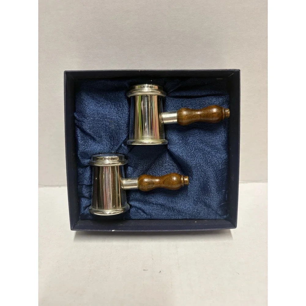 Silver plated Salt & Pepper Shaker‎ Hammer shape small vintage wood handles